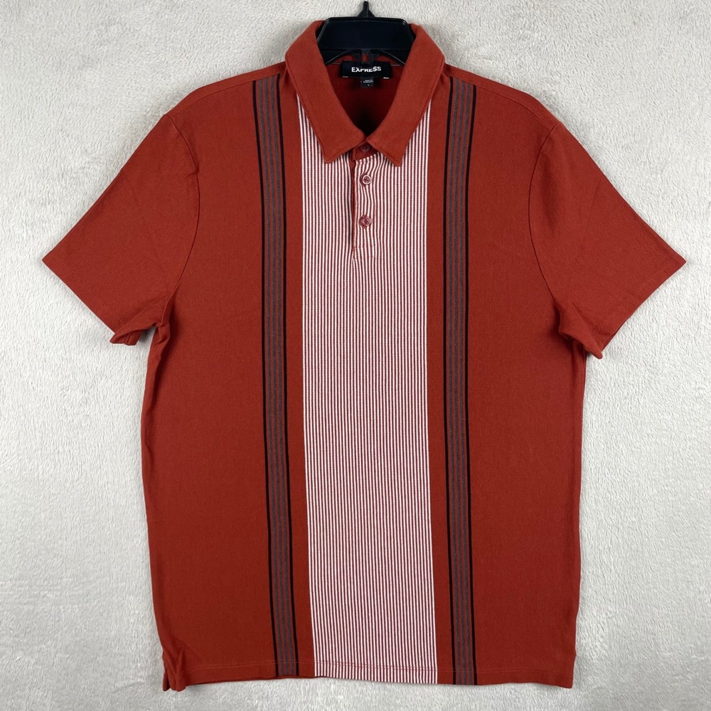 Express Knit Polo Shirt Mens Large Rust Orange Striped 70s Retro Pique Luxe